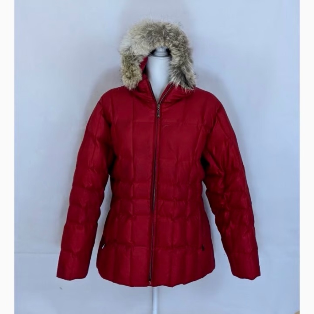 St. John's Bay Red Puffer Jacket with Genuine Fur Hood